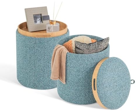HOMASIS Taburete Redondo de 2 Piezas, Juego de Taburete con Espacio de Almacenamiento, Tapa Reversible y Asas Laterales, Otomana con Asiento Acolchado para salón, Dormitorio, 39x39x44,5cm, Azul