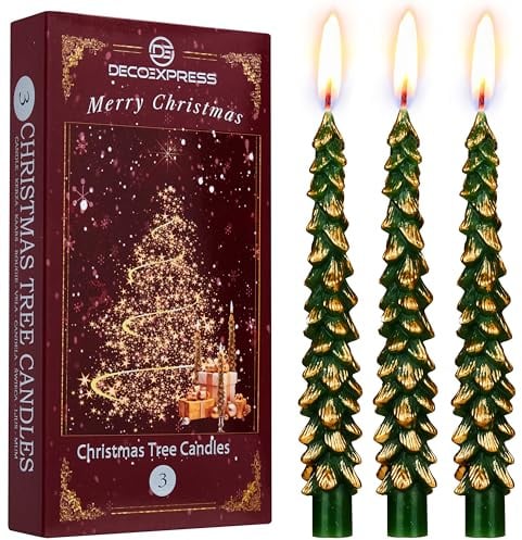 Deco Express Candele Albero di Natale Set di 3 o 6 Candele Decorative 7 Ore di Combustione Centrotavola Decorazioni Natalizie Idee Regalo (Verde/Oro 3 Pezzi)