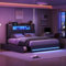 LONELYO Lit Coffre 160x200 avec Sommier LED et USB, Tête de Lit Capitonnée en Bois, Cadre en Lin Moderne, 4 Tiroirs Coulissants, Gris