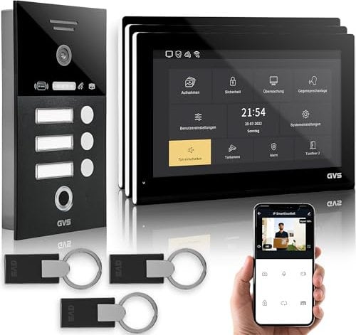 GVS - IP Video Türsprechanlage 3 Familienhaus mit Türöffner (RFID & Fingerprint), HD Kamera, 3X 10 Zoll Monitor & App - Smarte Video Türklingel mit Kamera & Gegensprechanlage (AVS5552U)