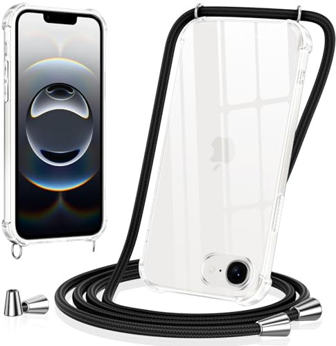 Vauki Coque pour iPhone 16e avec Cordon de Collier, Silicone Transparent TPU+PC Bumper Protection Étui Lanyard avec Sangle Réglable Chaîne Case pour iPhone 16e, Noir