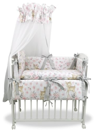 Babybeistellbett Komplett-Set mit Rehemotiv, 90 x 40 cm, Weiß-Rosa, mit Himmel und Nestchen