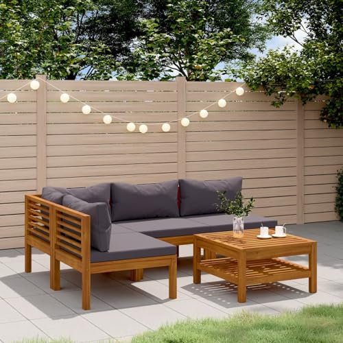 IKAYAA Lounge Set Holz, Ecklounge Outdoor, Gartenmöbel Set mit Kissen, Terrassenmöbel außen, Balkon Lounge Dunkelgrau, Loungemöbel Set für Balkon, Garten, 5-TLG