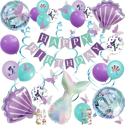 LBKKC Mermaid Birthday Decorations, Lilac Happy Birthday Banner for Girls, Glitter Hanging Streamers with Butterfly, Mermaid Birthdays Banners with Balloons for Party Decoration
