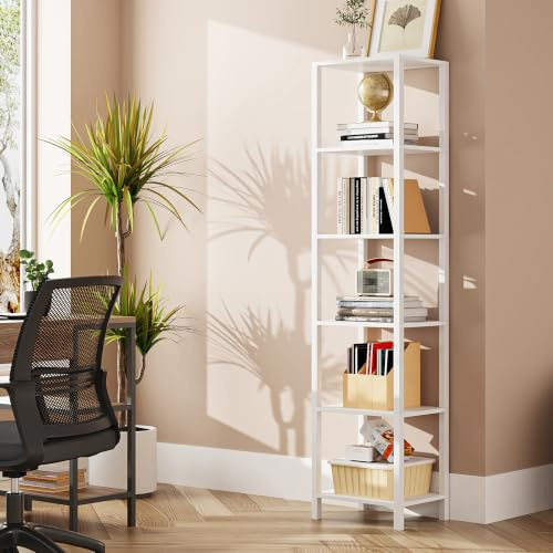 TUTOTAK Bookshelf, 6-Tier Tall Book Shelf, Narrow Bookcase for Small Space, DIY Stackable Bookshelf, for Living Room, Office, Study, Entryway, Industrial, White BS01BW006EU
