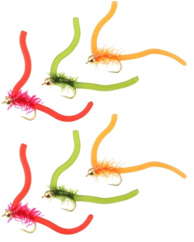 Briny River 6pcs Tungsten Bead Squirmy Worms Fishing Lures Red Orange and Green Size 12 Hook