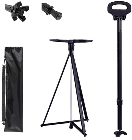 ​Gehstock Klappbar mit Sitz, Sitzstock aus Aluminium - Leicht & Tragbarer Faltbarer Wanderstock für Senioren und Erwachsene, Höhenverstellbar (Schwarz)​