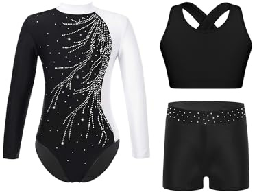 Yruioon 3Pcs Mädchen Turnanzug Langarm Gymnastikanzug Glitzer Ballettanzug + Sport BH Tops + Shorts Gymnastik Leotard Wettbewerb Tanzkostüm