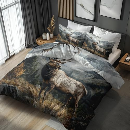 NOGAWA Bettwäsche Hirsch 135x200 - Bettbezug Elch Wildtiere, Bettwäsche-Sets 2 teilig, Weich & Atmungsaktiv Mikrofaser Wendebettwäsche und 1 Kissenbezug 80x80 mit Reißverschluss