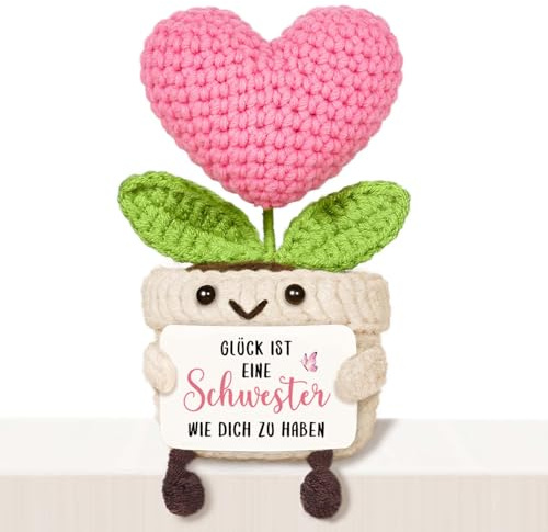 Giftasy Schwester Geschenk - Handgemachte gehäkelte Herzblume mit Energiekarte, Geschenk Schwester Geburtstag, Geburtstagsgeschenke Weihnachten