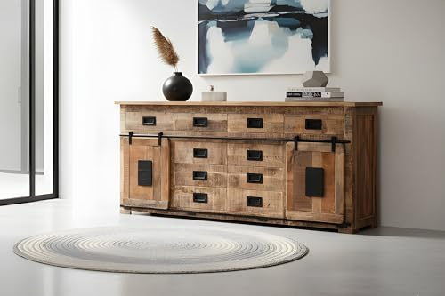SAM Sideboard Libro III, Mangoholz massiv + Rough, Kommode mit 2 Holzschiebetüren, 10 Schubladen & 4 offenen Fächern, Türelemente, Griffe & Reling aus Eisen, 200 x 90 x 45 cm