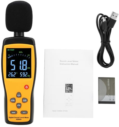 SMART SENSOR AS844+ Digitaler Schallpegelmesser, Dezibelmesser, Lärmmonitor, DB-Messgerät mit Datenspeicherung, Temperatur- und Luftfeuchtigkeitsanzeige für die industrielle