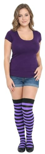 COSHAL® 1 Women's Long Striped Socks Ladies Stripe over the Knee Socks Girls Womens Over The Knee Stockings Leg Warmer Socks Xmas Party Socks Black & Purple OTK
