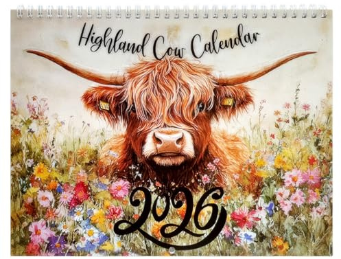 Highland Cow Adventskalender, Wandkalender 2026 Monatsplaner, Kuh Kalender 2026, Highland Cow Bild, Home Planer 2026, 28 x 20,8 cm