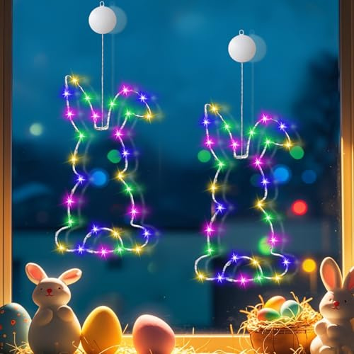Osterdeko LED Fenster Licht, 2 Stück Lichterkette Ostern Deko Osterhase Hängende mit Timer, Osterdeko Led Lichterkette mit Saugnäpfe Batteriebetrieben für Innen Außen Fenster Deko (A)