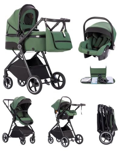 Kakbgee 3 in 1 Kinderwagen mit Babyschale, Buggy 7-Höhenverstellbarer Griff | Faltbar Buggy, 4-Rad Federung, Regenschutz, Moskitonetz, Kombikinderwagen für Neugeborene 0-3 Jahre (15kg), Grün