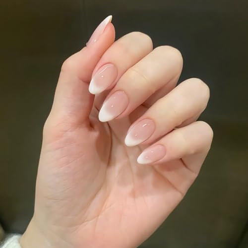 French Stick on Nails - 24PCS Short False Nails with Glue - Press on nails Almond - Ombre Nude White Fake Nails French Tip - 12-Size Acrylic Nail Tips Long Lasting for Women DIY Holiday Daily Manicure