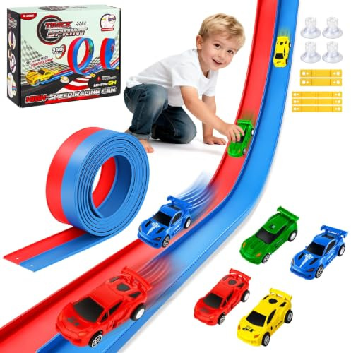 Orvyna 6M Flexible Autorennbahn für Kinder 3–6 Jahre mit 4 Rückziehautos | Tragbare Doppel-Rennstrecken-Rampen für 1:64-Spielzeugautos, Geschenk für Jungen und Mädchen ab 3 Jahren