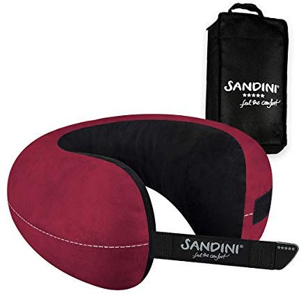 SANDINI TravelFix – Premium Reisekissen/Nackenkissen mit ergonomischer Stützfunktion – Gratis Transporttasche mit Befestigungs-Clip - Made in EU