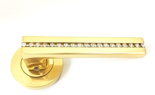 Stripon Diamond/Crystal Lever On Round Rose Door Handles in Polished Brass