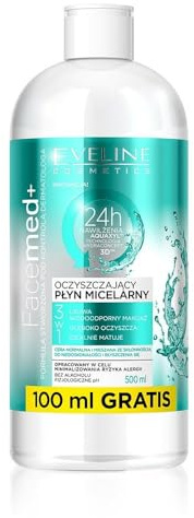 Eveline Cosmetics Facemed+ Facemed+ Purifying Micellar Water 3-in-1 for Normal & Combination Skin with Phycosaccharide® ACG, Aquaxyl™, and Cucumber Extract - 500ml