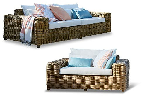 Loberon Sitzgruppe Camas, Outdoor-Sofa mit Passendem Sessel, Lounge-Flair, Bequeme Sitzpolster, Luxuriöses Design, Gartenmöbel, Kunststoff, Stahl, Olefinfaser, braun/Creme