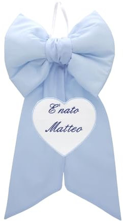 COCCOLE - Fiocco Nascita Bimbo Personalizzato Cuore Azzurro - Fiocco Nascita Bimbo in Tessuto Cotone Piquet - Nastro Personalizzato da Appendere in Casa e Regalare a Mamme e Papà