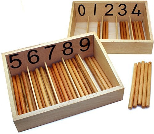 edu fun 91301 Montessori Spindle Box zählen Lernen Holzkasten mit Holzstäbchen Lernspielzeug Rechenstäbchen Mathematik rechnen Lernen Zahlen von 0 bis 10