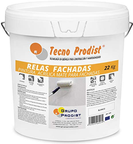 Tecno Prodist RELAS FACHADAS 22 Kg (BLANCO) Pintura Impermeabilizante al agua - Durabilidad y resistencia - Blanco Mate - A Rodillo o brocha - Gran cubrición, blancura y rendimiento, no salpica