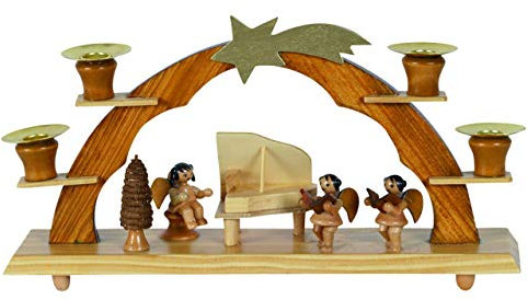 OBC Schwibbogen für echte Kerzen/Engel Musiktrio Natur/Lichterbogen Kunsthandwerks-Stil, handgefertigt/Deko zu Weihnachten