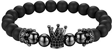 Flongo Energiearmband Kugelkette Lava Mala Herren Armband Damen Armreif Stein Kugel Perlen Armkette mit Krone Schwarz für Männer Frauen