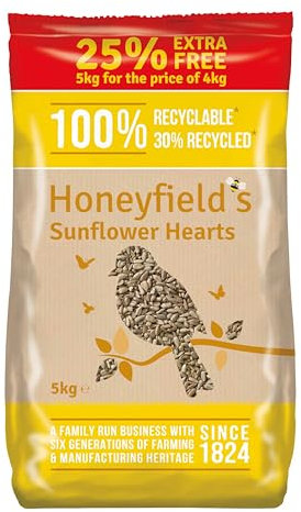 Sunflower Hearts Bird Food - Wild Bird Food for Small Birds, High in Energy and Protein, Great for Hanging Feeders, Bird Tables, and Ground Feeding, Bulk Bag (5kg) - Honeyfield’s
