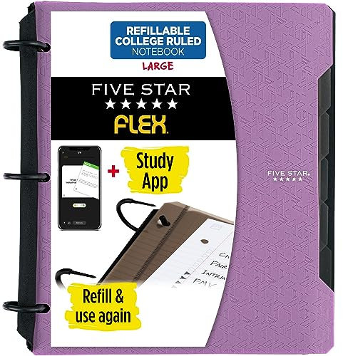 Five Star Flex 29328AB6 Nachfüllbares Notizbuch + Lern-App, College-Papier und 2,5 cm TechLock-Ringbuch mit Taschen, Tabs und Trennblättern, Kapazität 200 Blatt, Amethyst Violett