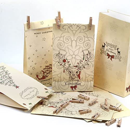 Papiertüten Weihnachten, 24 Geschenktüten Papier Tüten, Kekstüten Weihnachtstüten Papier für Geschenke Mitgebsel Süßigkeiten Party für Weihnachts Geschenkbeutel