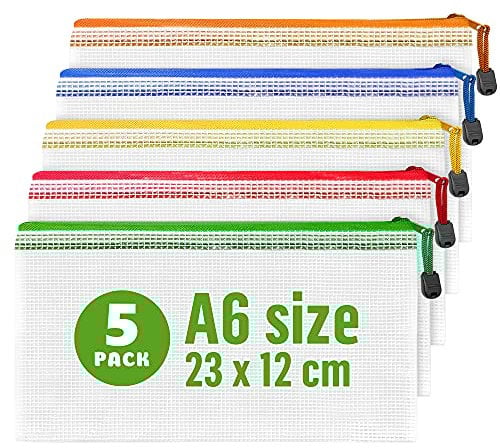 5 Pack A6 Plastic Zip Wallets 23x12 cm - Document Wallets Zipper Bags Plastic Zip Wallets Small Zip Pouch School Home Office Zip Storage Bag for Receipt Bills Cosmetics Stationery Travel Accessories