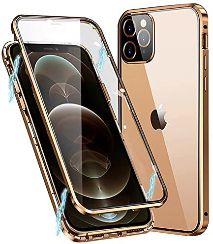 MIMGOAL Case for iPhone 11 Pro Max Magnetic Cover 360 Degree Full Body Shockproof [Built-in Camera Lens Protector] Metal Bumper with Front and Back Clear Tempered Glass, Gold