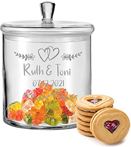 FORYOU24 Leonardo Keksglas mit Gravur - Keksdose Bonbonglas mit Deckel - Vorratsdose Love personalisiert mit Namen & Datum - Geschenk für Paare, zur Hochzeit als Geldgeschenk
