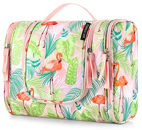 FOREGOER Trousse de Toilette Femmes avec Grande Capacité, Sac de Toilette Voyage Imperméable et Suspendu, Pliable Étanche, Portable Trousse de Toilette Multifonction pour - Flamants
