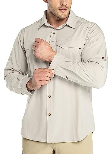 Outdoor Ventures Men's Shirts Safari Shirt Roll-Up Sleeve UV Shirts Quick Dry Lightweight Hiking Shirt with Pockets for Walking Fishing Travelling Khaki XL