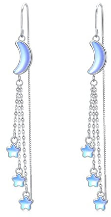 Lange Ohrringe Hängend 925 Sterling Silber Mondstein Durchzieher Ohrringe Stern Mond Ohrringe Lange Quasten Ohrhänger Mondstein Schmuck für Damen Geburtstag Geschenk