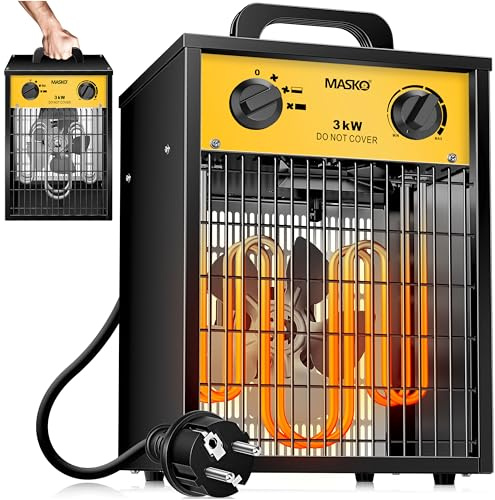 MASKO® Elektroheizer Heizlüfter Bauheizer Keramik Heizstrahler elektrisch Heizgerät mit Thermostat Elektroheizer mit 3 Heizstufen, Heizgebläse für Innen- und Außeneinsatz (Gelb, 3 KW - Eckig)