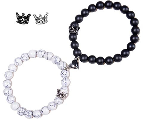 2 Stück Magnet Paare Armbänder, Naturstein Stretch Perlen Pärchen Armband Freundschaft Armbander mit Kronenanhänger Liebhaber Beziehung Schmuck Geschenk für Damen Herren