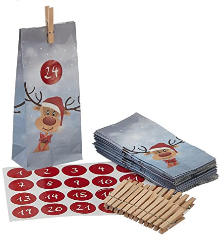 Adventskalender Rentier Ole DIY 72tlg. Bastelset │ 10x20x6cm Papiertüten Zahlensticker Schnur Klammern │ Weihnachten Adventszeit Kalender (1 x Adventskalender Rentier)