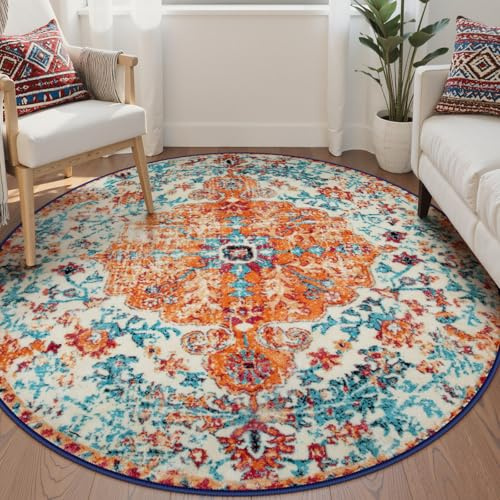 Lahome Runder Teppich mit böhmischem Blumen-Medaillon, 1.8 m, weicher Teppich für Wohnzimmer und Esszimmer, Vintage, rutschfest, niedliche Tischdecke für Gästezimmer und Geschenke