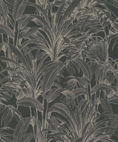 GrandecoLife Premium-Quality Vinyl Wallpapers for Bedroom, Kitchen, Dining Room with Yucca Leaves Design; Washable, Removable, Eco-Aware wallcovering Made in Belgium 53 cm x 10 m (Black/Gold)