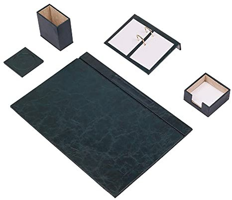 Ensemble de bureau en cuir vert – Sous-main – Porte-papier – Porte-stylo – Dessous de verre en cuir – Accessoires de bureau – Rangement de bureau – Vert (5PCS)