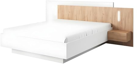 Vente-unique-Bett mit integrierten Nachttischen - 160 x 200 cm - 2 Schubladen + LEDs - Weiß & Naturfarben - FRANCOLI