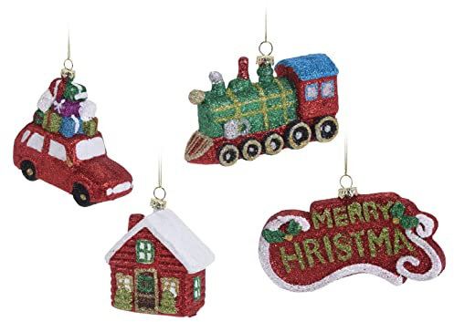 Weihnachtsbaum Anhänger groß - 4er Set/Merry Christmas - Christbaumschmuck mit Glitzer – Weihnachts Baum Kugeln Deko Figuren Haus Auto Zug