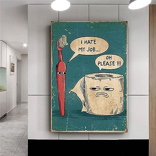 GEMMII Leinwanddruck „I Hate My Jobs“, lustige Zahnbürste und Toilettenpapier, einzigartige, humorvolle Leinwand-Wandkunst, Badezimmerdekoration, 62 x 92 cm, Rahmen