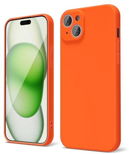 oakxco for iPhone 15 Plus Phone Case Liquid Silicone, Neon Bright Solid Color, Thin Slim Soft Rubber Gel Matte TPU Plain Simple Cover for Women Girl Cute,Neon Orange